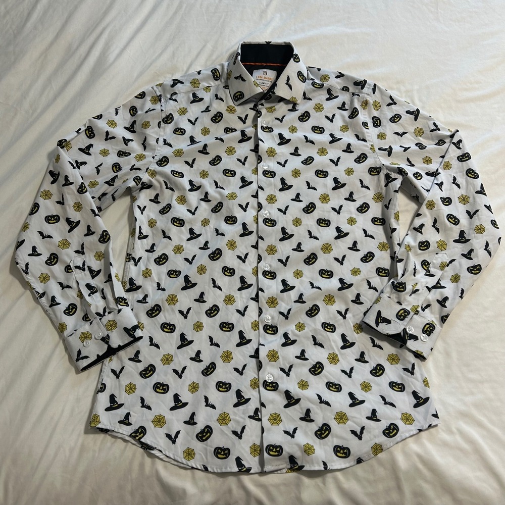Tom Baine Mens Halloween Slim Fit Performance Shirt White Pumpkin Bat Medium